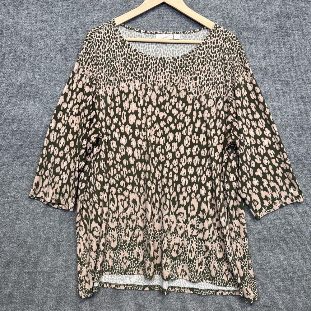 Belle by Kim Gravel Plus Sz 2X Tunic Top Olive Green Animal Print  Elbow Sleeves